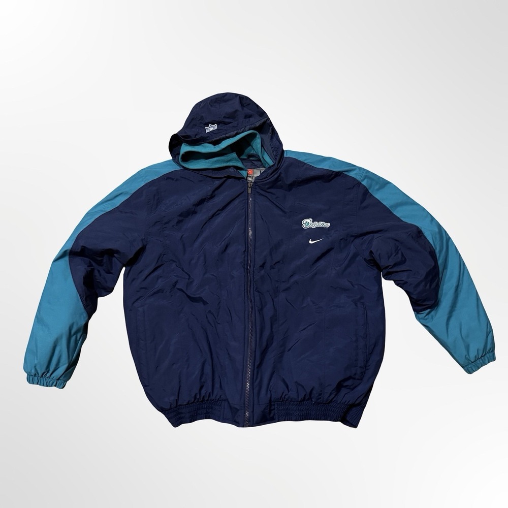Vintage Nike Team Miami Dolphins Jacket Mens Large Hooded NFL Blue Full Zip